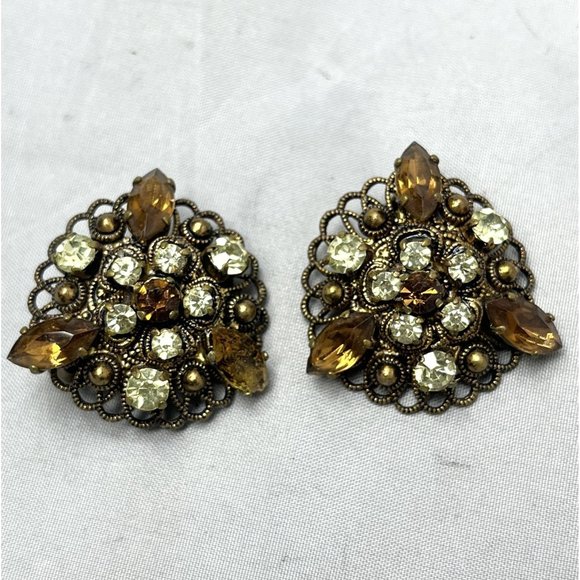Vintage Filigree Rhinestone Glass Flower Earrings